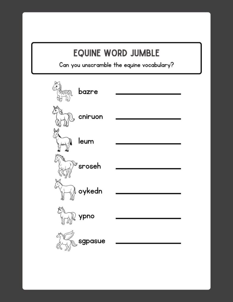 Equine Word Jumble. Can you unscramble the equine vocabulary? bazre cniruon leum sroseh oykedn ypno sgpasue