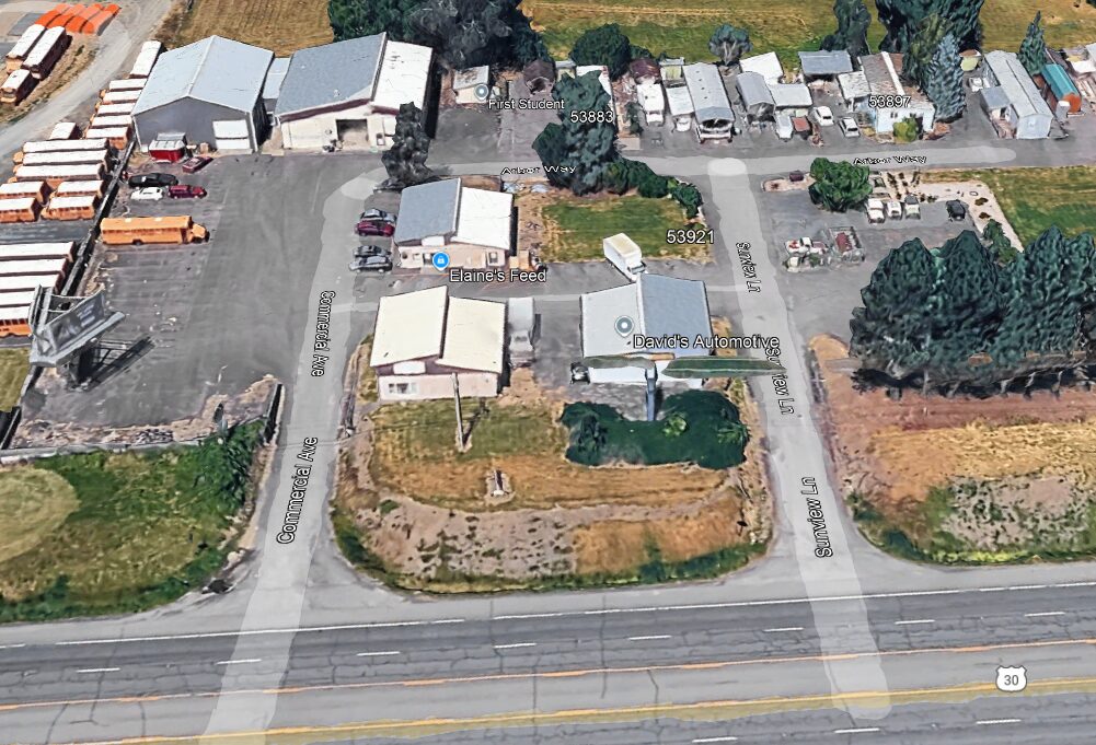 Aerial view of Elaine's Feed and adjacent businesses