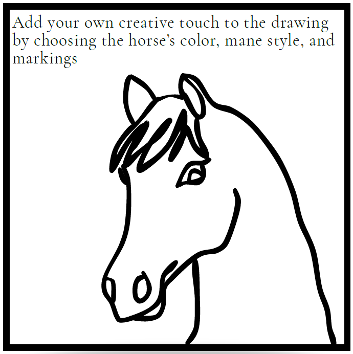 Add your own creative touch to the drawing by choosing the horse’s color, mane style, and markings
